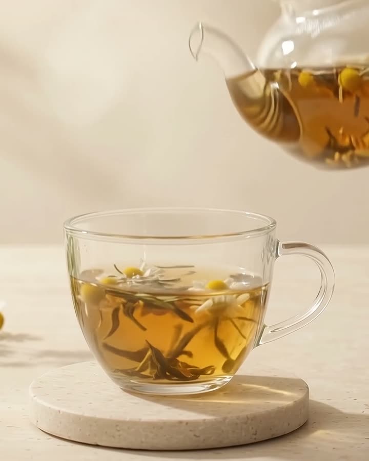 Chá dourado em infusão sendo servido do bule para a xícara
